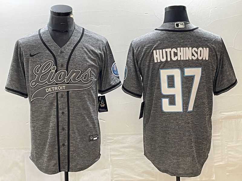 Mens Detroit Lions #97 Aidan Hutchinson Grey Gridiron With Patch Cool Base Baseball Limited Jersey->->